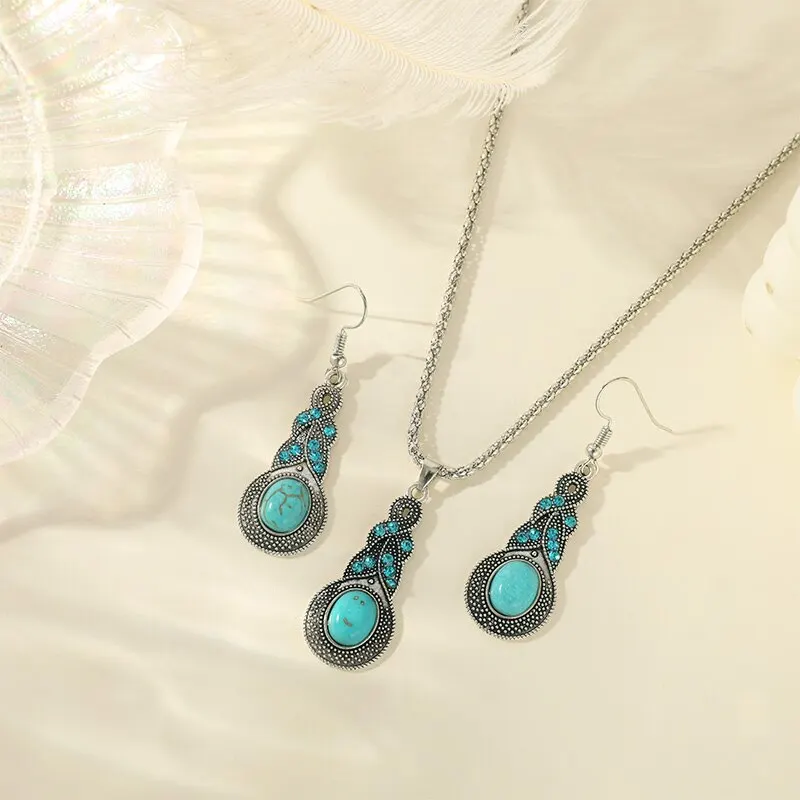 3pcs-Necklace-Earrings-Set-For-Men-And-Women-Vintage-Style-Blue-Crystal-Inlaid-Turquoise-Pendant-With-3
