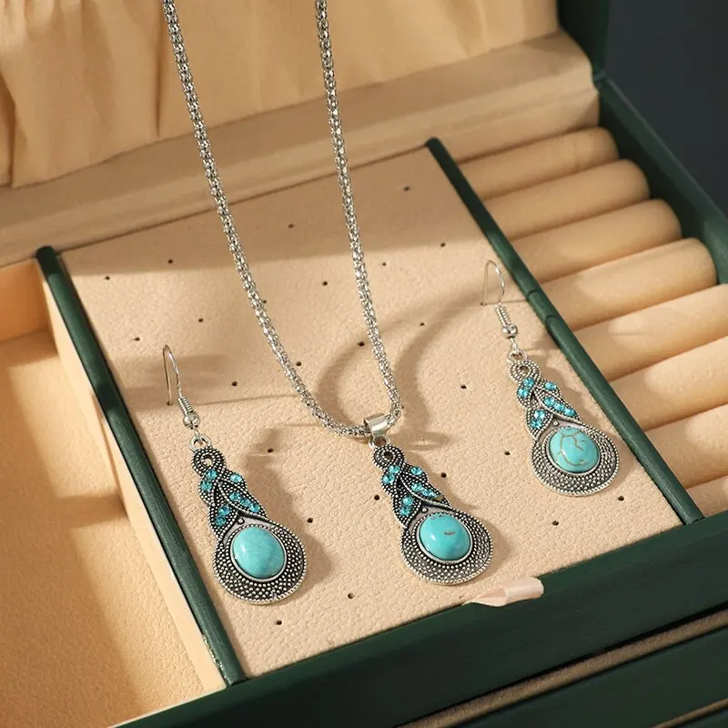 3pcs-Necklace-Earrings-Set-For-Men-And-Women-Vintage-Style-Blue-Crystal-Inlaid-Turquoise-Pendant-With