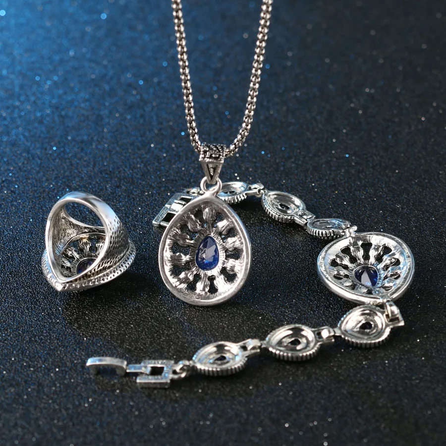 4-Pcs-lot-Vintage-Blue-Stone-Silver-Color-Water-Drop-Rings-Necklace-Bracelet-Earrings-For-Women-5
